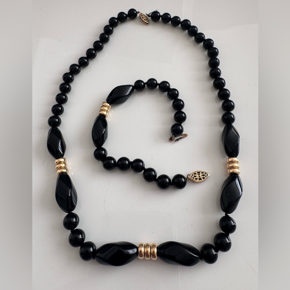 Vintage Necklace Bracelet Onyx Black Beads Gold filled spaces clasp